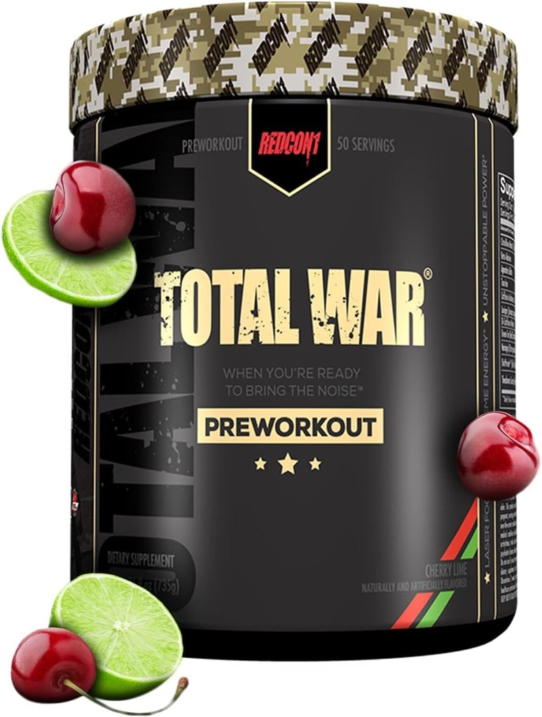 REDCON1 Total War Pre Workout, Cherry Lime - Beta Alanine + Citrulline Malate Vegan & Keto Friendly Fortræning for mænd og kvinder med 320mg koffein (50 Servere)