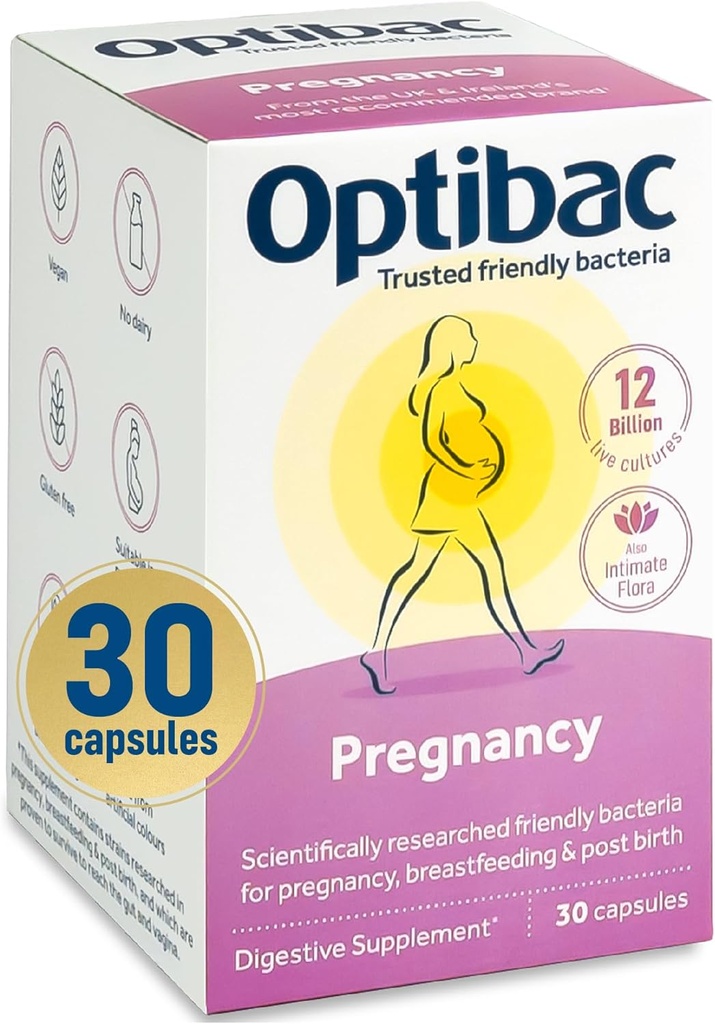 Optibac Probiotika Graviditet - 12 milliarder CFU & FOS Fibres, Vegansk Probiotisk supplement til gravide og ammende kvinder, 30 kapsler