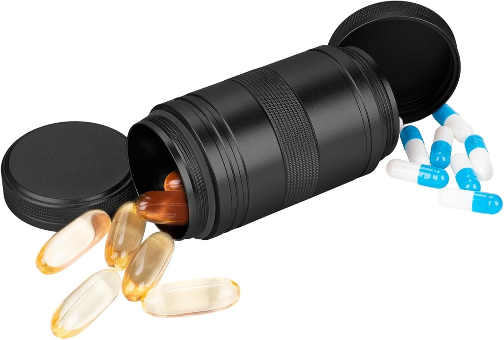 Metal Pill Box 2 gange om dagen - Bærbar vandtæt lille pille sag (AM PM), Rejser Daily Pill Container, Compact Pill Holder Medicin Organizer til piller / Vitamin / Fish Oil / Kosttilskud, Sort