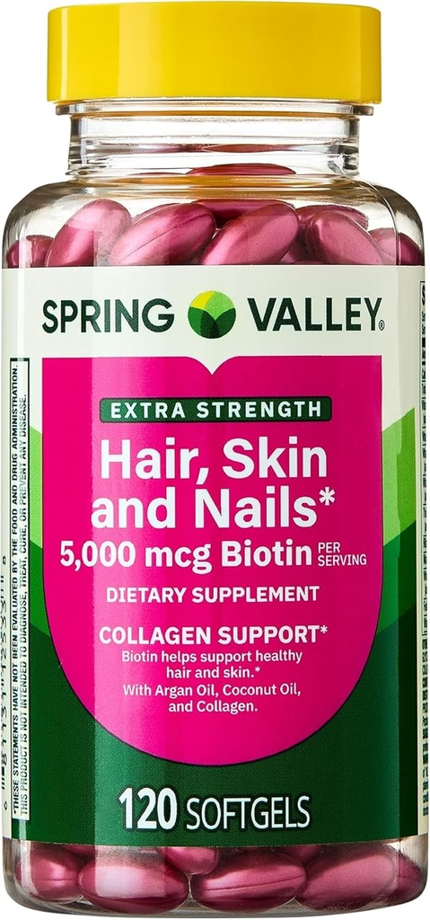 Spring Valley Extra Strength Hår, Hud, & Nails Collagen Support Softgels, 5000 mcg Biotin, 120 Greve, Biotin til hårsøm Skin Support, Vitaminer til kvinder