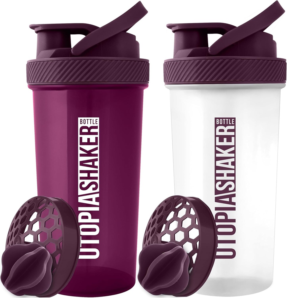 Utopia Home Protein Shaker Flaske - (Pakke af 2) 28- Ounce Shaker flasker For Protein Mixes - Fitness Sport Classic Protein Mixer Flaske (Plum & Clear / Plum)