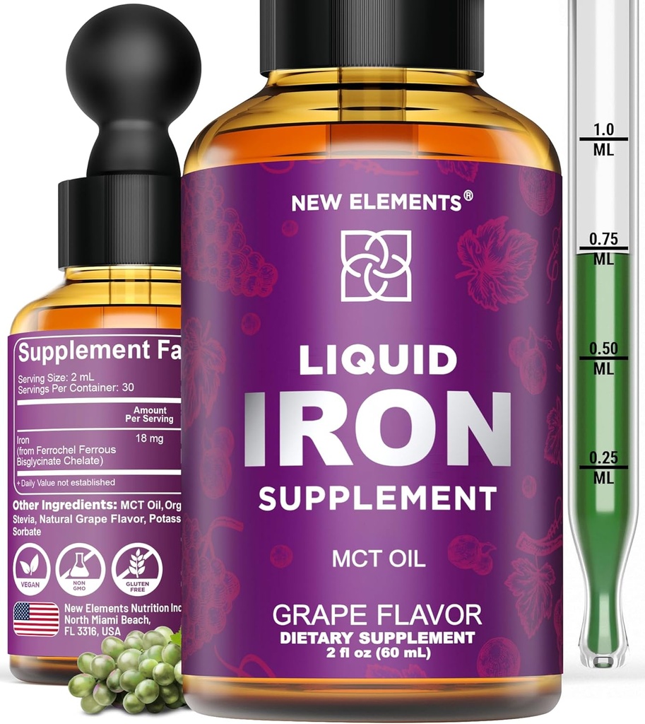 Jern supplement til kvinder & mænd gratis blod builder, Iron Vitamin til anæmiske produkter 124; Flydende jerndråber til voksne med MCT olie, Natural Grape Flavor, Hurtigere Absorption & immunforsvar (2 Fl Oz)