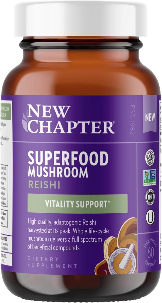 Nyt kapitel Superfood Reishi Mushroom Capsules - Certified Organic USA- Grown 100% Vegansk Mushroom Supplement for Vitality Support * Non- GMO, Certified Gluten Free, 60 ct