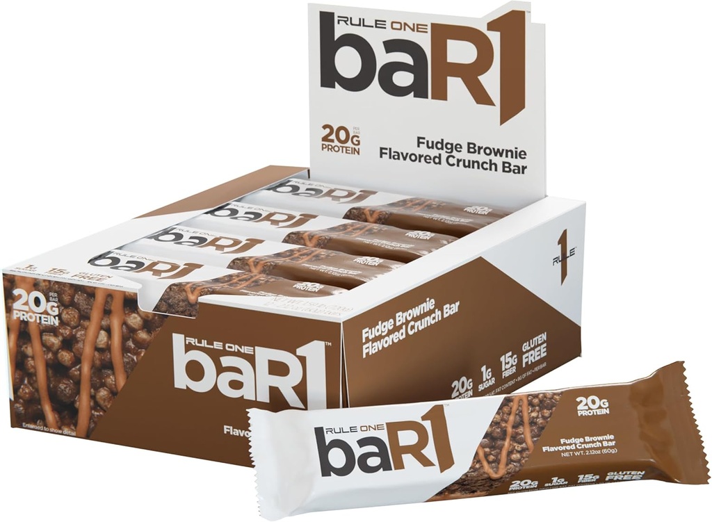 Regel 1 baR1 Crunch Bar - On- The- Go Praktisk Protein Snack Bars med 20g Premium Protein, Naturligt -pakket med EAA / BCAA, Hungarer- Filling Fiber (12 Count Box, Fudge Brownie)