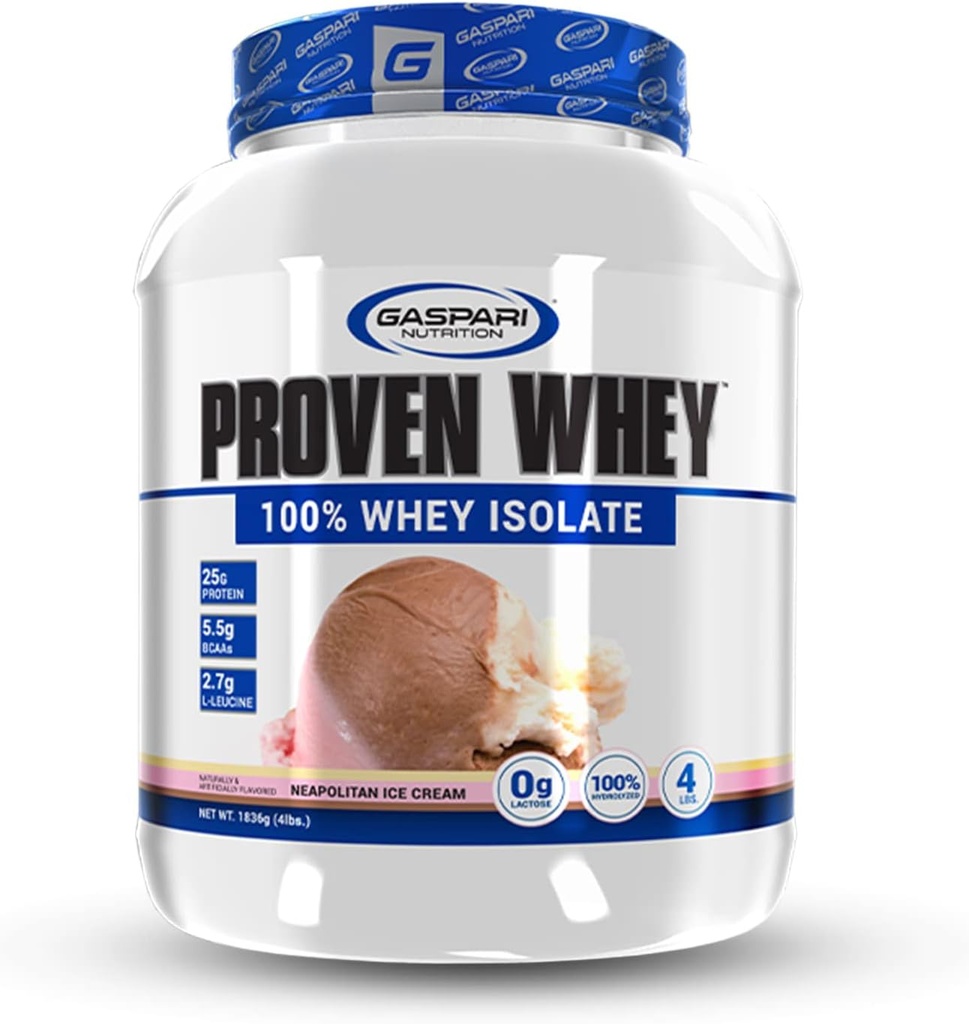 Gaspari Nutrition Proven Whey, 100% Hydrolyzed Whey Isolate, High Protein, Lactose Free, Low Carbohydrat and Low Sugar (4lb, Neapolitan Ice Cream)