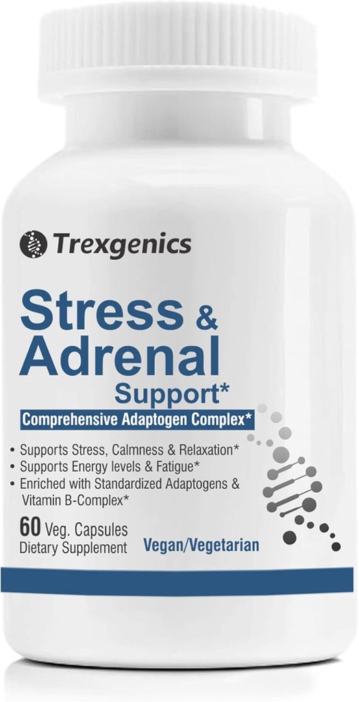Trexgenics Advanced Stress & Adrenal Support 5X ADAPTOGENS Ashwagandha, Rhodiola, Bacopa Bacosides, Panax Ginseng & Maca + B- Complex (60 Veg kapsler)