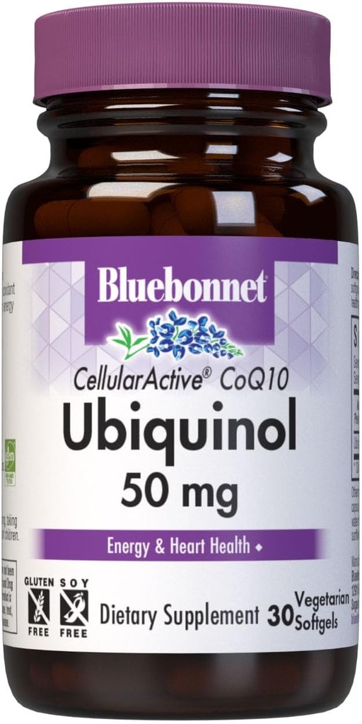 Bluebonnet Nutrition Cellular Active CoQ10 Ubiquinol 50 mg Vegetarisk Softgel, Heart Health & Cellular Health, Ubiquinol fra Kaneka, Non GMO, Gluten Free, Soy Free, Milk Free, 30 Vegetarisk Softgel