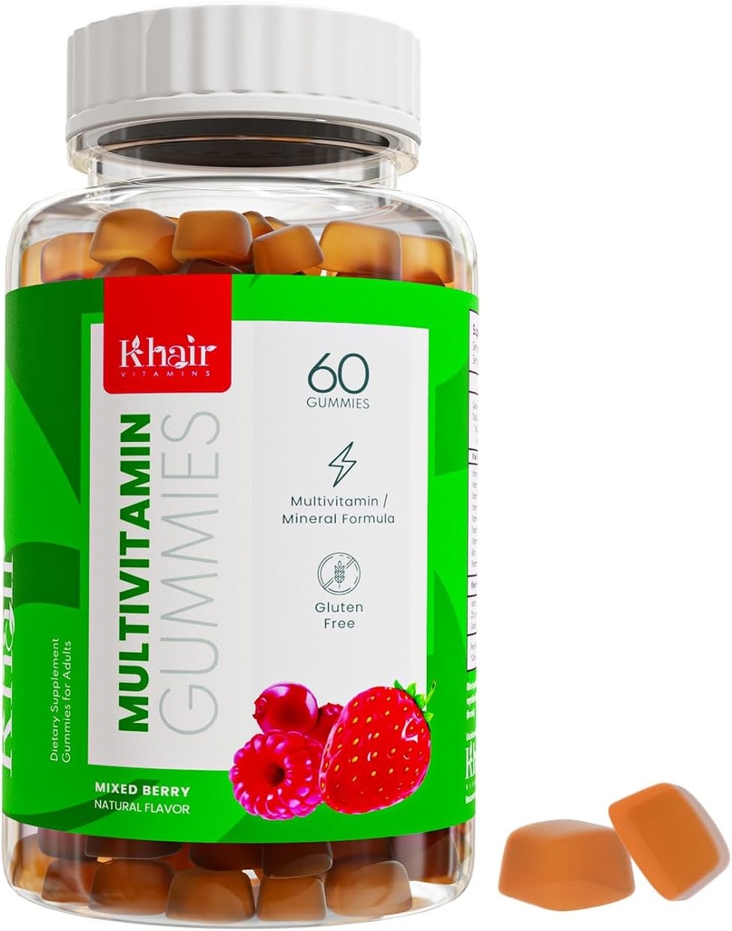 Khair Halal Voksen Multivitaminer Gummy - Vegan, Non- GMO - Gluten Free, Gelatine Free - Essentielle vitaminer: Vitamin A E C D B12 & Vitamin B6 Halale vitaminer - 60 Gummies