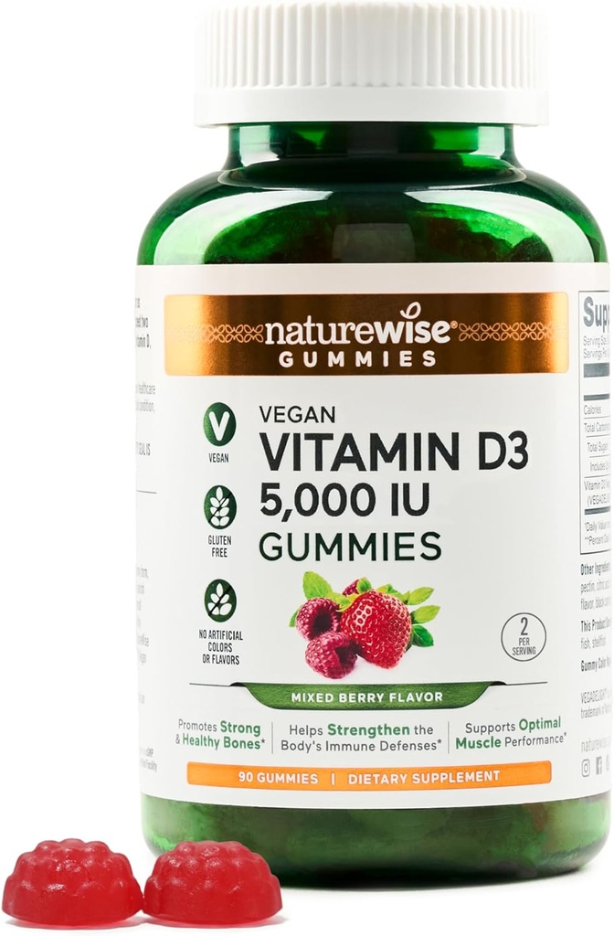 NatureWise vitamin D3 5000 IE Gummies - blandet berry flavor - Vegan D fra Lichen, Pectin baseret, immunforsvar for voksne, muskel & ben styrke - Gluten fri, ikke-GMO - 90 Greve [45-Day Supply]