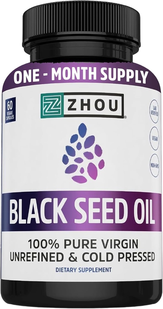 ZHOU Black Seed Oil Capsules - Black Cumin Seed Oil Cold Pressed, Nigella Sativa, Pure Uraffineret Blackseed, Premium supplement til sundhed, hår og hud w / Thymoquinon - 60 kapsler (pakke med 1)