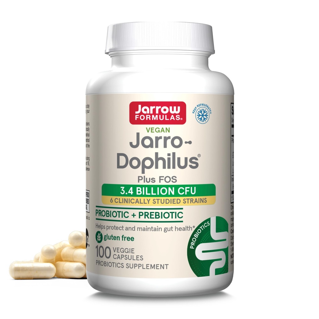 Jarrow Formulas Jarro- Dophilus + FOS - 3.4 Millioner Organismer Per Servering - 100 Veggie Caps - Prebiotic & Probiotic - Nutritional Support to Beneficial Bacteria - Op til 100 Servere
