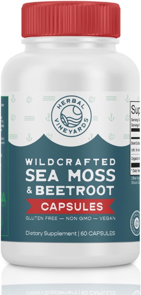 Herbal Vineyards Organic Wildcrafted Sea Moss and Beetroot 60 Kapsler Note 124; Immunitet Support, fordøjelsessygdomme & Forbedret energi
