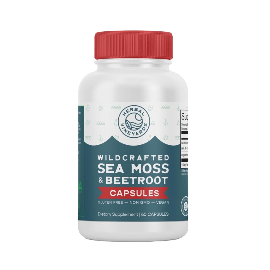 Herbal Vineyards Organic Wildcrafted Sea Moss and Beetroot 60 Kapsler Note 124; Immunitet Support, fordøjelsessygdomme & Forbedret energi