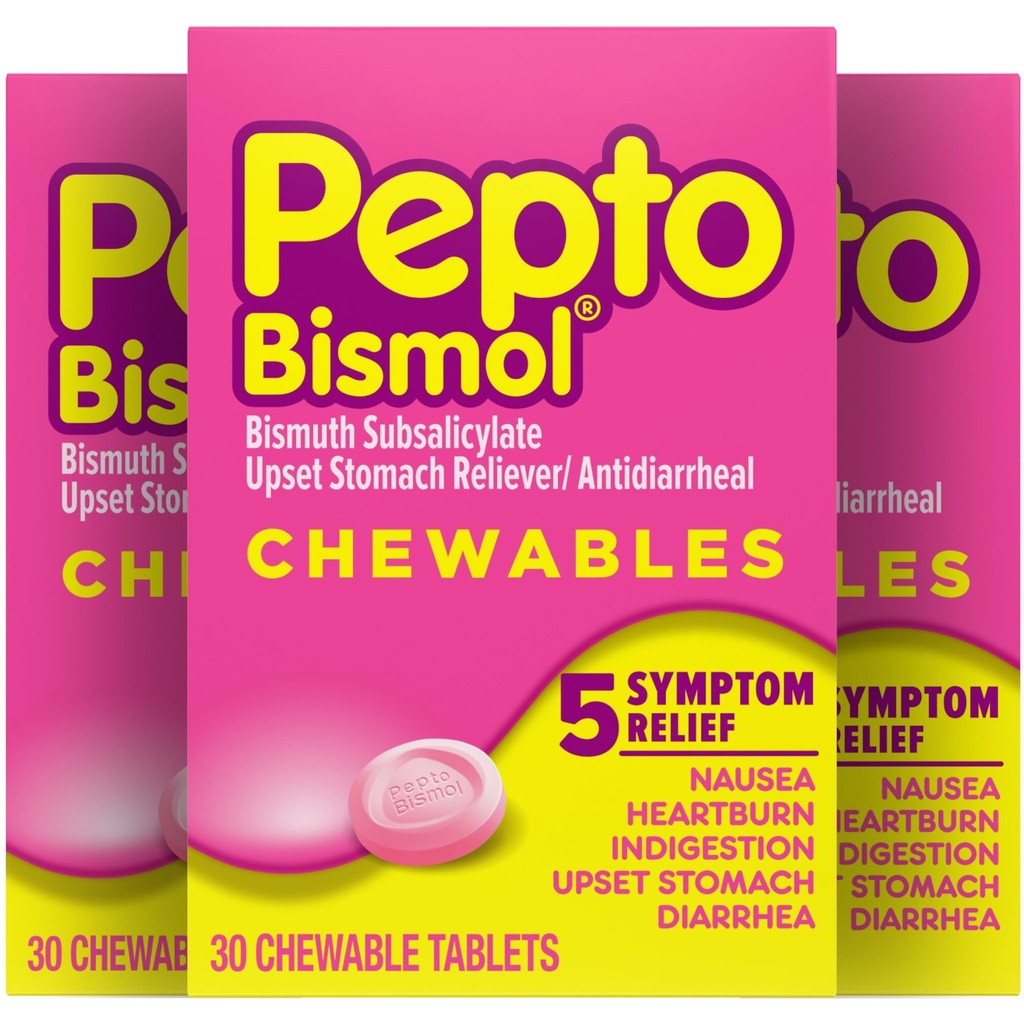 Pepto Bismol Chewable Tablets for Kvalme, Heartburn, fordøjelsesbesvær, Opsat Mave, og Diarré Relief, Original Flavor, 90 Total (3 pakker med 30)