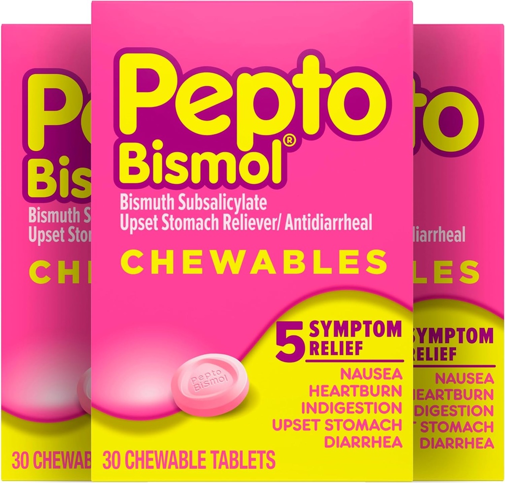 Pepto Bismol Chewable Tablets for Kvalme, Heartburn, fordøjelsesbesvær, Opsat Mave, og Diarré Relief, Original Flavor, 90 Total (3 pakker med 30)