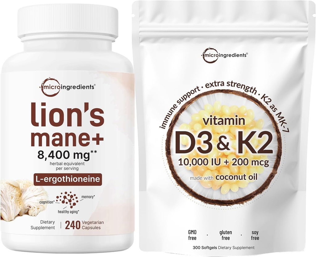 Micro Ingredients Vitamin D3 10,000iu + K2 200mcg Coconut Oil Softgels & Lions Mane Supplement 240 Veggie Capsules Bundle 2 Pack | Essential Sunshine Vitamins | Superfood Mushroom Antioxidants with L-