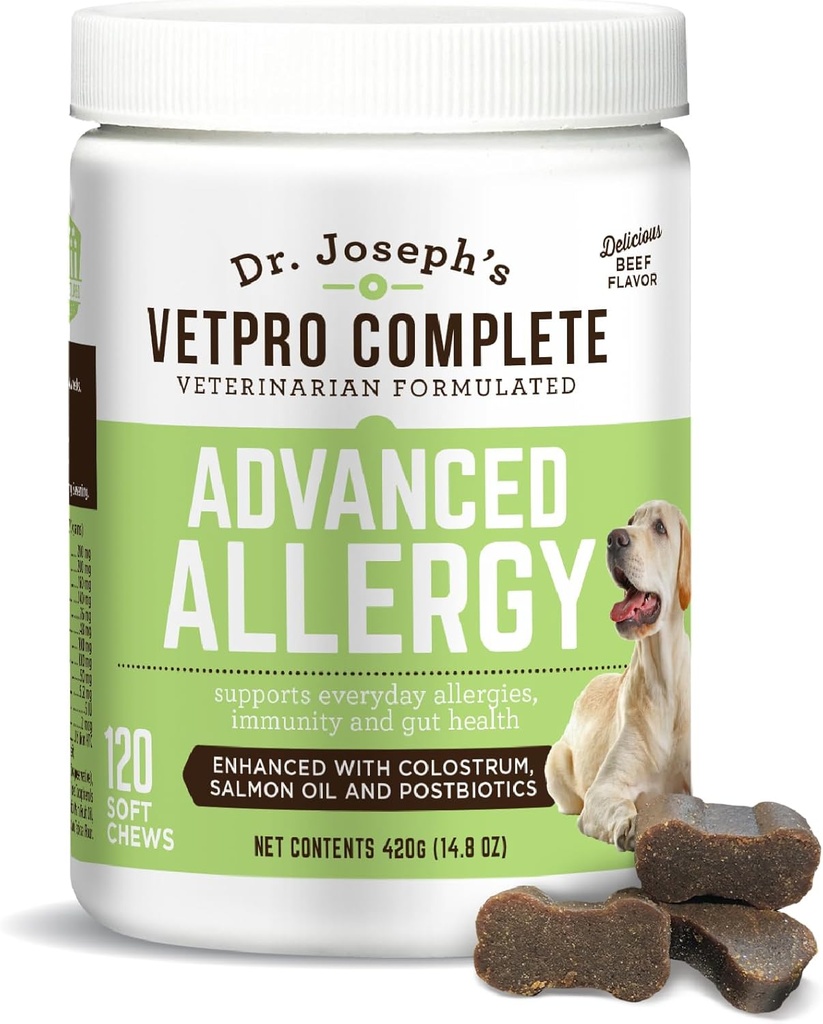 VetPro Advanced Allergy and Itch Support for Dogs - Understøtter Sæsonlig Allergi, Itchy Hud, & Immunity - Forbedret med lakseolie, Probiotika & Colostrum til Allergier, Immunforsvar, & Gut Sundhed