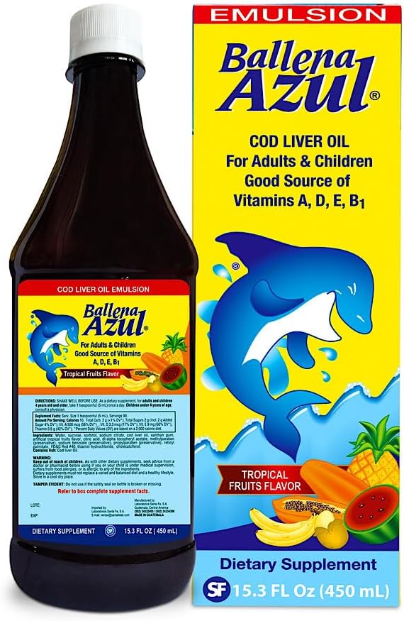 Ballena Azul Aceite de Hígado de Bacalao para Adultos y Niños, COD Liver Oil for Adults and Children, Good Source of Vitamins, Dietary Supplement, Omega 3 (Tropical Fruits 15 OZ)