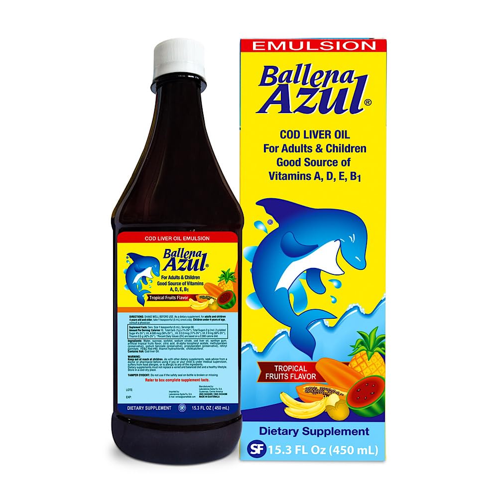Ballena Azul Aceite de Hígado de Bacalao para Adultos y Niños, COD leverolie til voksne og børn, God kilde til vitaminer, Kosttilskud, Omega 3 (tropiske frugter 15 OZ)