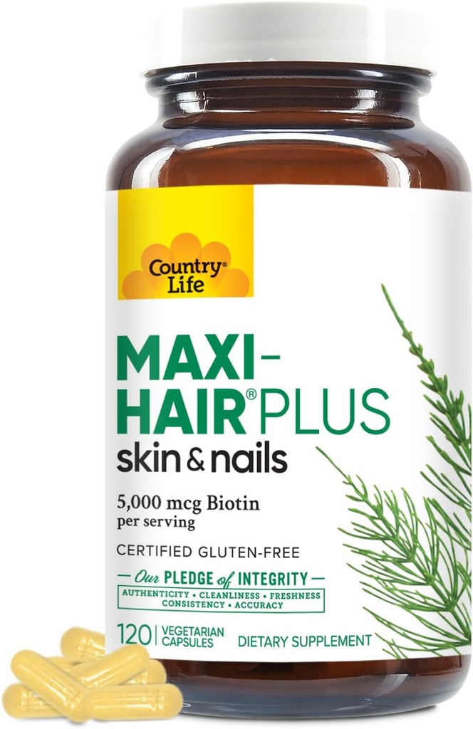 Country Life, Maxi- Hair Plus biotin, understøtter sundt hår, hud og negle, dagligt tillæg, 120 ct