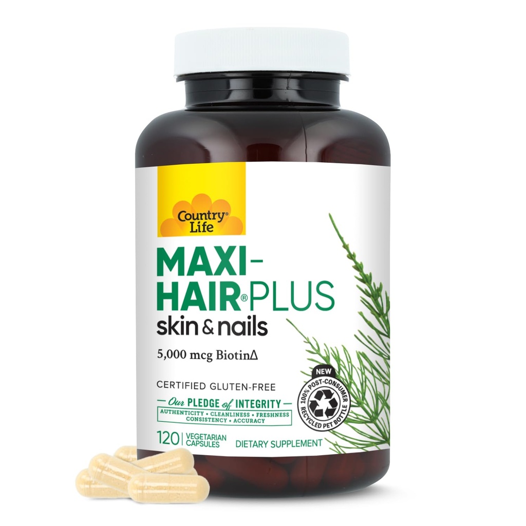 Country Life, Maxi- Hair Plus biotin, understøtter sundt hår, hud og negle, dagligt tillæg, 120 ct