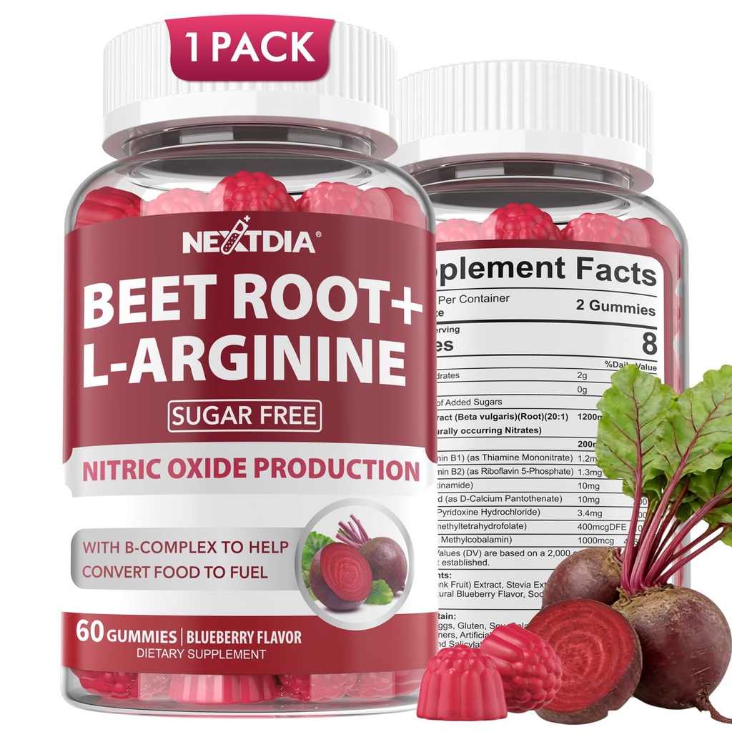 Beet Root Gummies & L- Arginin, nitrogenoxid Kosttilskud til mænd og kvinder w / Organic Beets, B1, B2, B3, B5, B6, Folate, B12 for Energy Boost & Circulation Support, Sugar Free, 60 Cts