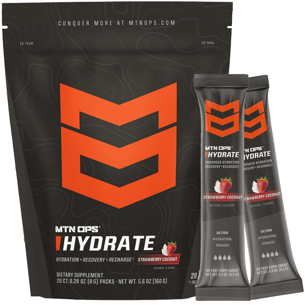 MTN OPS Hydrate Electrolytes Powder Drink Mix, 20 Single Serving On- The- Go Electrolyte Packs med over 1000 mg Electrolytes per Serving, Jordbær kokos