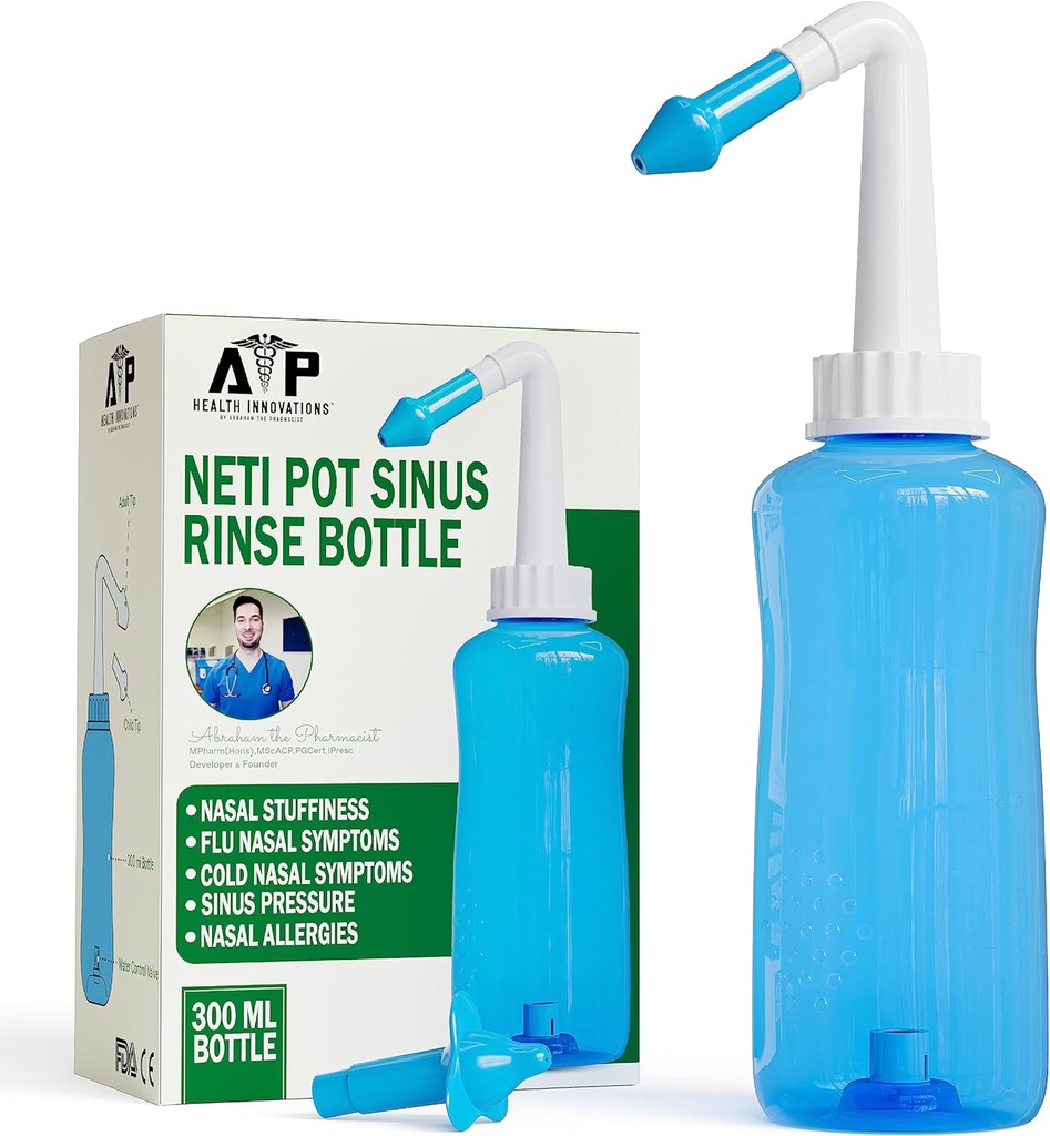 Neti Pot Sinus Rinse Flaske til Natural Sinus Relief - Næsevask Renere trykskylning for voksne & Kid - Nasal kunstvanding System af Abraham The Pharmacist