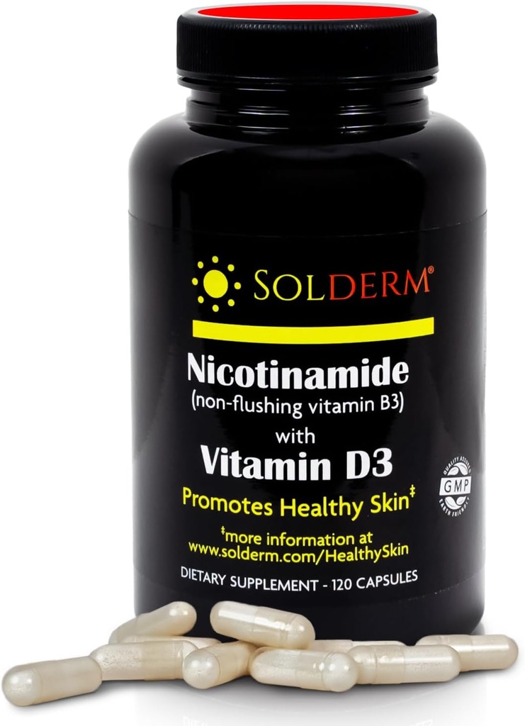 Nicotinamid Non- Flushing Vitamin B3 og D3 Supplementet 124; Vegetarisk og Gluten- Free Oral Nicotinamid Supplement med Vegetabilsk Cellulose Kasser • 124; Fremme sund hud • 124; 60 Kapsler • 124; 500mg