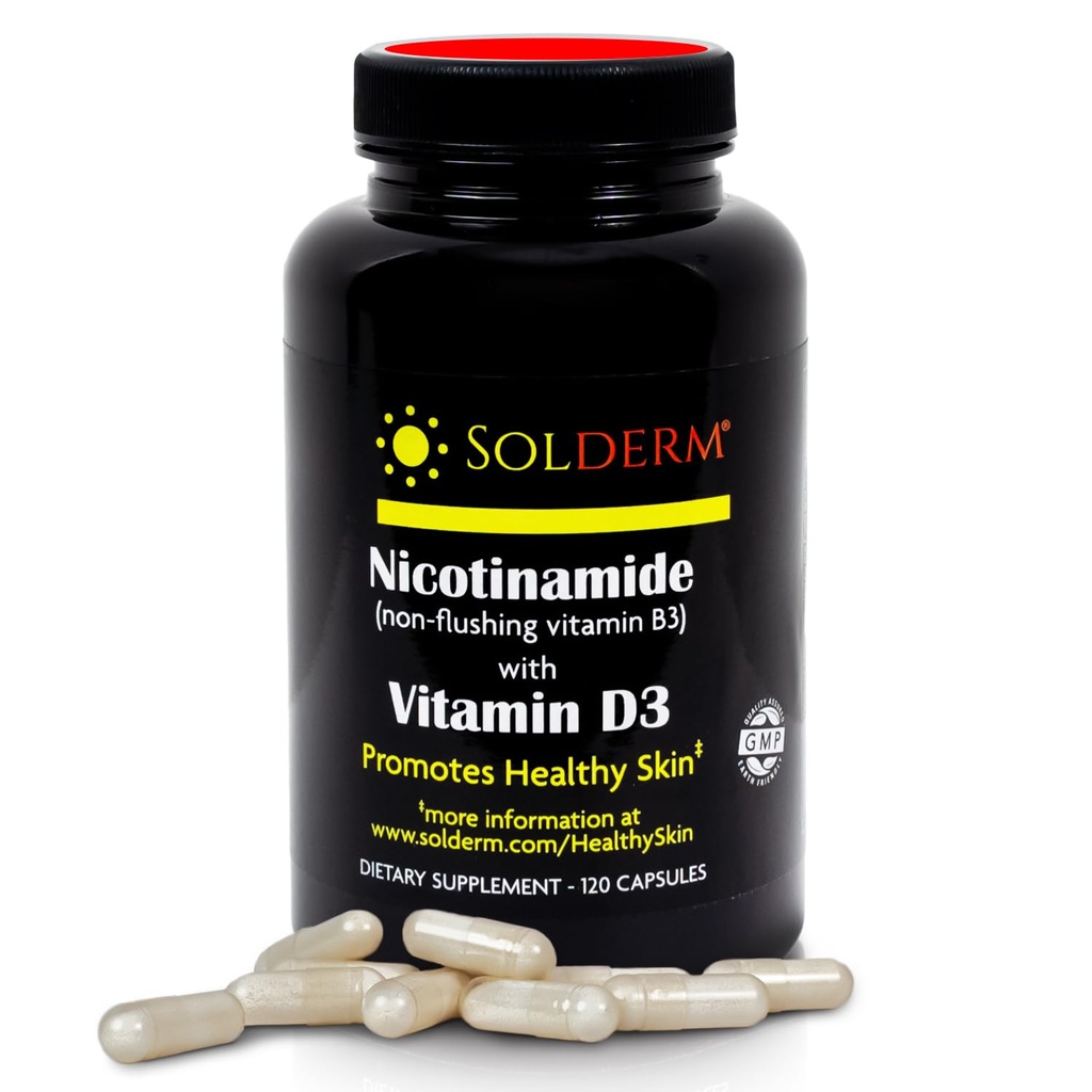 Nicotinamid Non- Flushing Vitamin B3 og D3 Supplementet 124; Vegetarisk og Gluten- Free Oral Nicotinamid Supplement med Vegetabilsk Cellulose Kasser • 124; Fremme sund hud • 124; 60 Kapsler • 124; 500mg