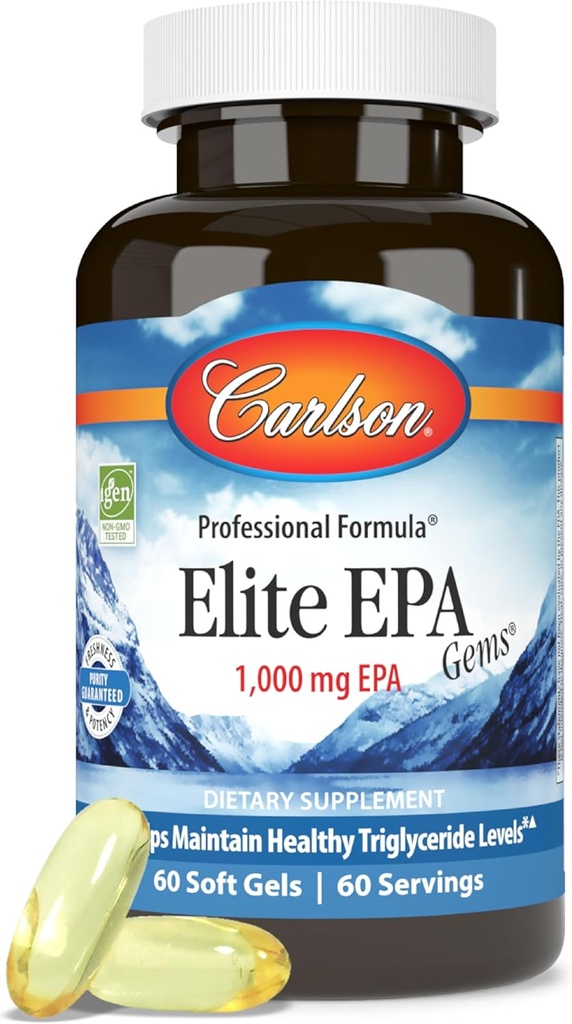 Carlson - Elite EPA perler, 1000 mg EPA Fish Oil, Wild- Fanget, Norwegian Fish Oil Supplement, Sustainable Sourced, Hjælper med at bevare sunde triglyceridniveauer, 60 Softgels