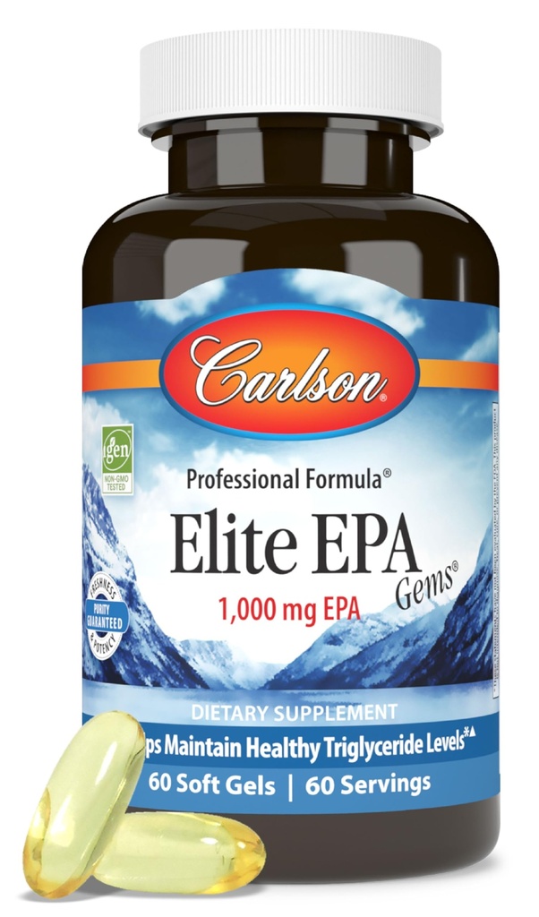 Carlson - Elite EPA perler, 1000 mg EPA Fish Oil, Wild- Fanget, Norwegian Fish Oil Supplement, Sustainable Sourced, Hjælper med at bevare sunde triglyceridniveauer, 60 Softgels