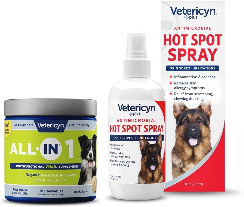 Dyrlægen All- in 1 Multifunktionelt hundetillæg og Dyrlægen Plus Hot Spot Spray