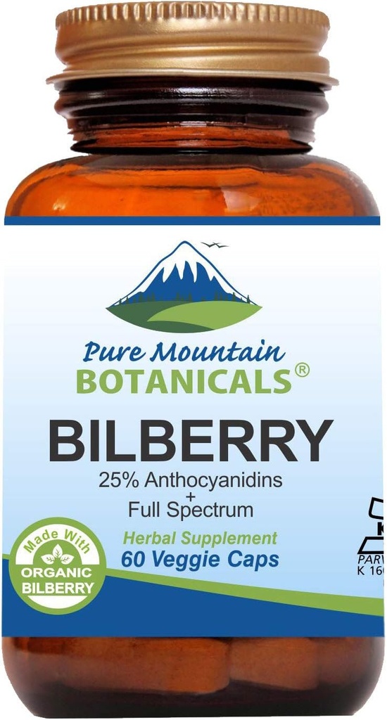 Pure Mountain Botanicals Bilberry Extract Supplement Vegan Kosher Kapsler med 250 mg Økologisk Bilberry Leaf & 50mg Potent Extract of Billberries