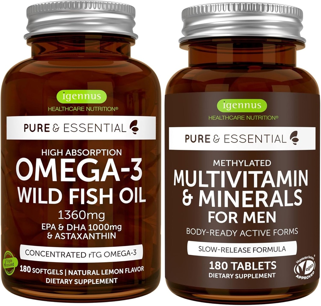 Høj Absorption Omega-3 Wild Fish Oil + Metyleret Mænds Multivitamin Bundle, 1000mg EPA & DHA 180 Softgels + Vedvarende udløsning Multivitamin 180 tabletter, af Igennus