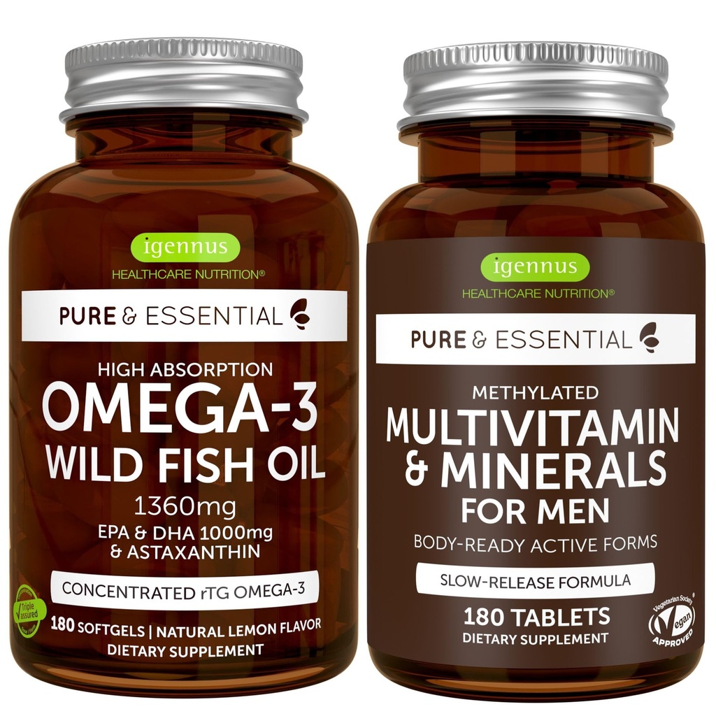 Høj Absorption Omega-3 Wild Fish Oil + Metyleret Mænds Multivitamin Bundle, 1000mg EPA & DHA 180 Softgels + Vedvarende udløsning Multivitamin 180 tabletter, af Igennus