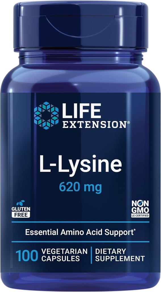 Life Extension L- Lysin, 620 mg, Essential Amino Acid for Sund nitrogenbalance, Calcium Metabolisme, Stress Response & Mere, Gluten- Free, Non- GMO, Vegetarisk, 100 Kapsler
