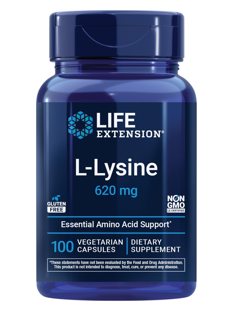 Life Extension L- Lysin, 620 mg, Essential Amino Acid for Sund nitrogenbalance, Calcium Metabolisme, Stress Response & Mere, Gluten- Free, Non- GMO, Vegetarisk, 100 Kapsler