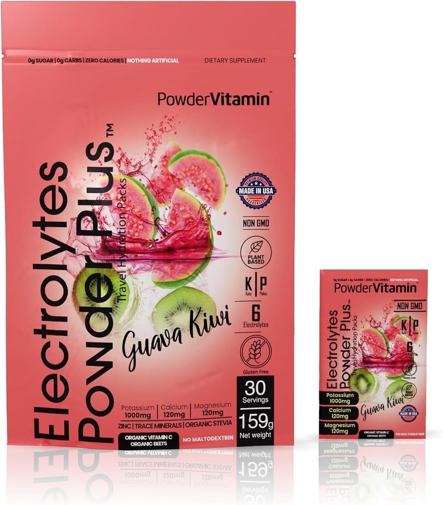 PowderVitamin Electrolytes Powder Plus, Keto, Guava Kiwi, Zero Sugar, 1000mg Potassium, 120mg Calcium, 120mg Magnesium, Non-GMO, Zero Calories, 30 Hydration Packets