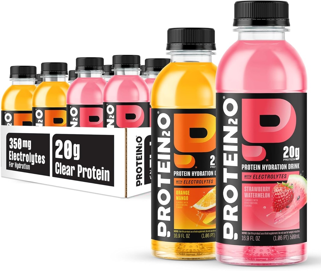 Protein2o Hydration Drink - 2-in-1 Flydende Clear Whey Protein Isolate og Electrolyte Drink - 20g Protein, Vitaminer B5, B6 - efter-træning Inddrivelse - 16,9 Fl Oz - 12 Count Variety Pack