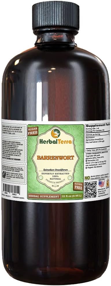 Barrenwort (Epimedium grandiflorum) Glycerit, Tørrede blade Alkohol- Free Liquid Extract (Brand Name: HerbalTerra, Stolt Lavet i USA) 32 fl.oz (0,95 l)