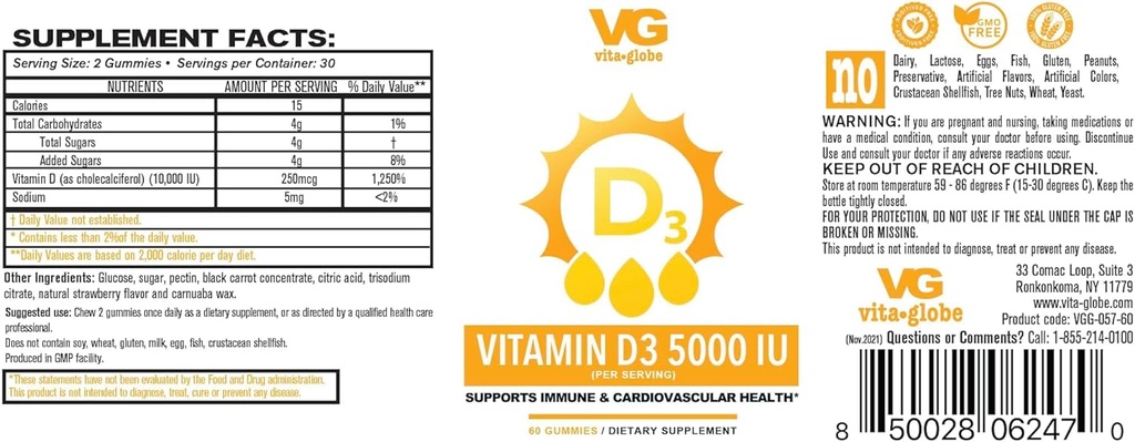 VITA GLOBE vitamin D3 10,000IE med zink og Echinacea vingummi - understøtter sundt immunsystem, stærke knogler, tænder og muskler, 120 greve (2 - Pack)