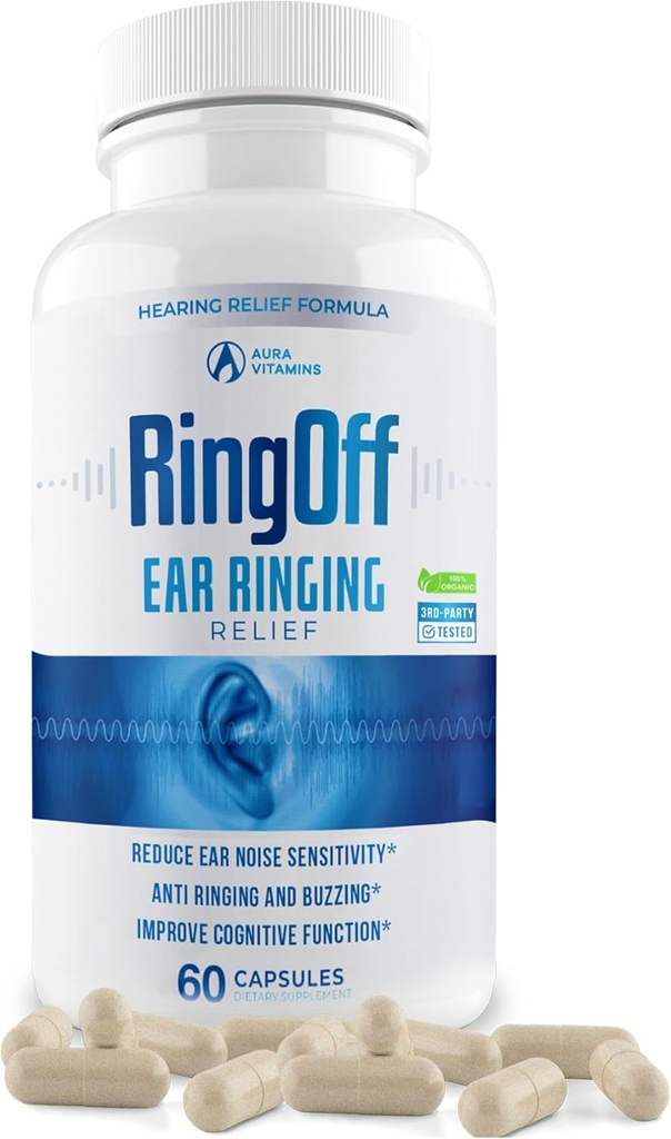 Ring Off (60 Caps) - Tinnitus Relief for Ringende Øre, Clear Tinnitus Quieting Øre Ringende Relief & Genoprettelse Indre Fred, Ginkgo Biloba, Zink Picolinate & mere - Effektiv Hørehjælp (1)