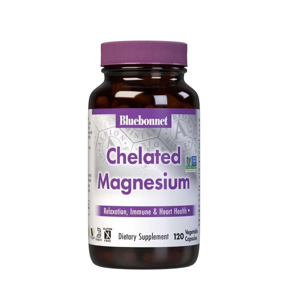 Bluebonnet Nutrition Albion Chelated Magnesium Vegetabilsk Kapsel, 200 mg, Stress Relief, Vegan, Non GMO, Gluten Free, Soy Free, Milk Free, Kosher, 120 Vegetabilsk Kapsel, 2 Måned Supply
