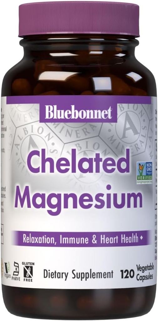 Bluebonnet Nutrition Albion Chelated Magnesium Vegetabilsk Kapsel, 200 mg, Stress Relief, Vegan, Non GMO, Gluten Free, Soy Free, Milk Free, Kosher, 120 Vegetabilsk Kapsel, 2 Måned Supply