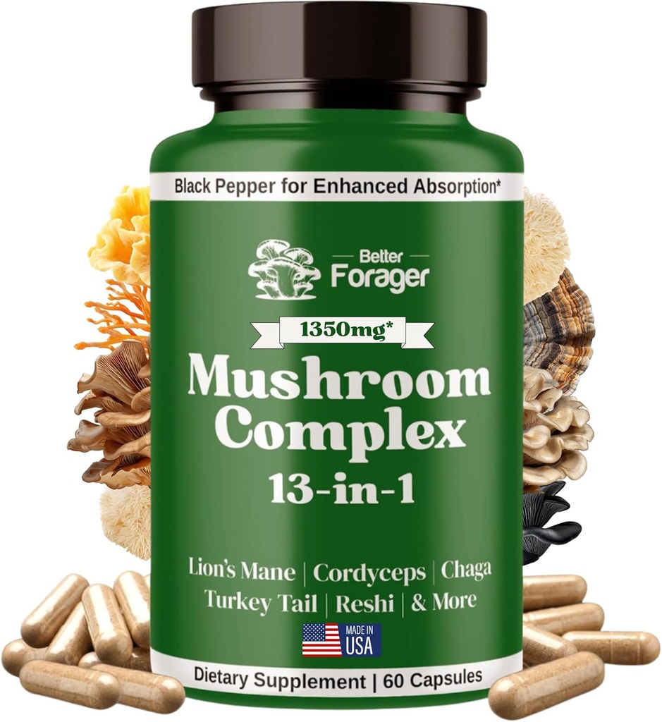 Mushroom komplekse kapsler, 13-in-1 Mushroom supplement, Lions Mane, Reishi, Cordyceps, & Mere, fremmer fokus, Clarity, & Hukommelse, Extract Supplement, 1 Måned Supply, 60 Greve