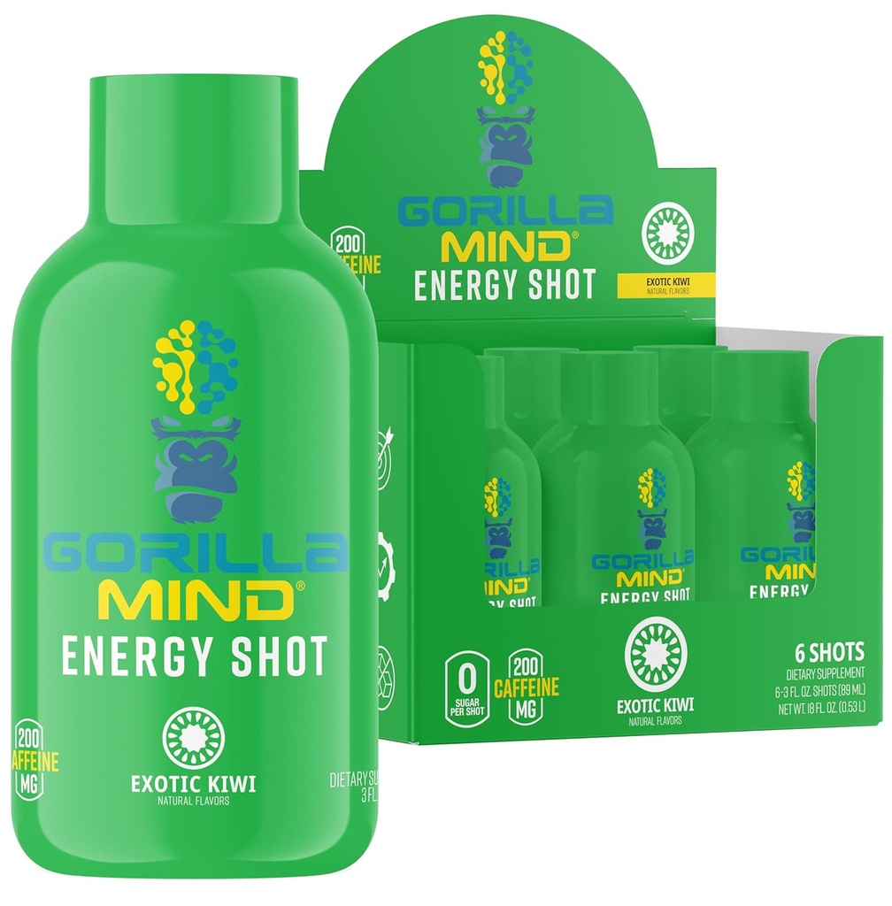 Gorilla Mind Energy Shots (Pack of 6) - Forbedret fokus og energi, sukkerfri, hurtig-fungerende, Potent formel med vitaminer og naturlige ekstrakter (Exotic Kiwi)