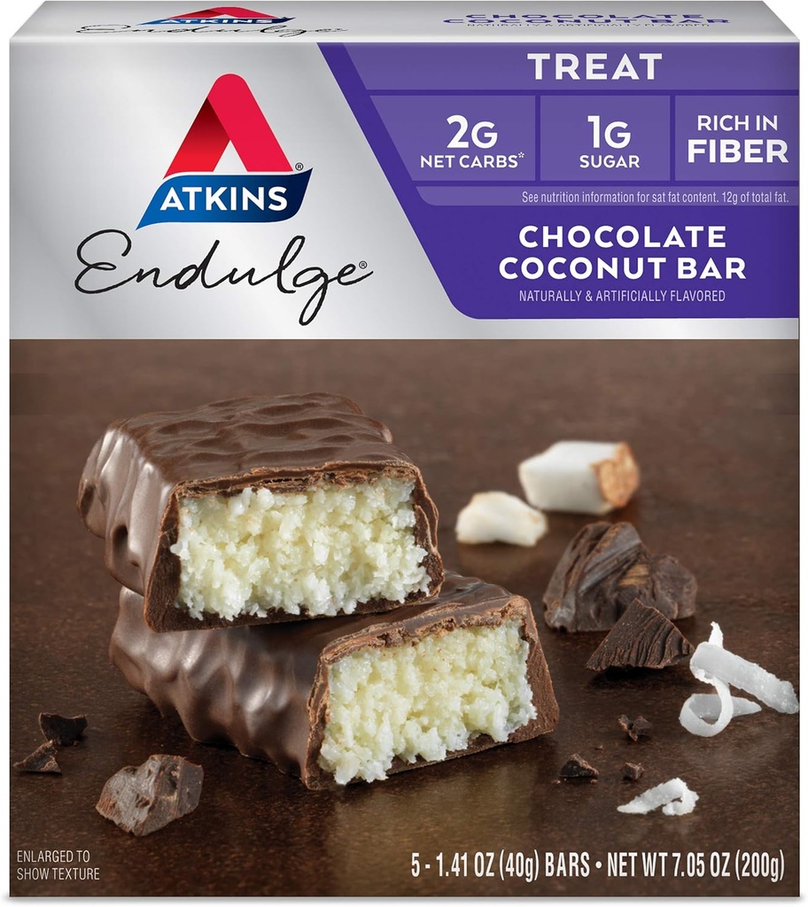 Atkins Endulge Chocolate Coconut Bar, Dessert Favorite, High in Fiber, 1g Sugar, 5 Greve