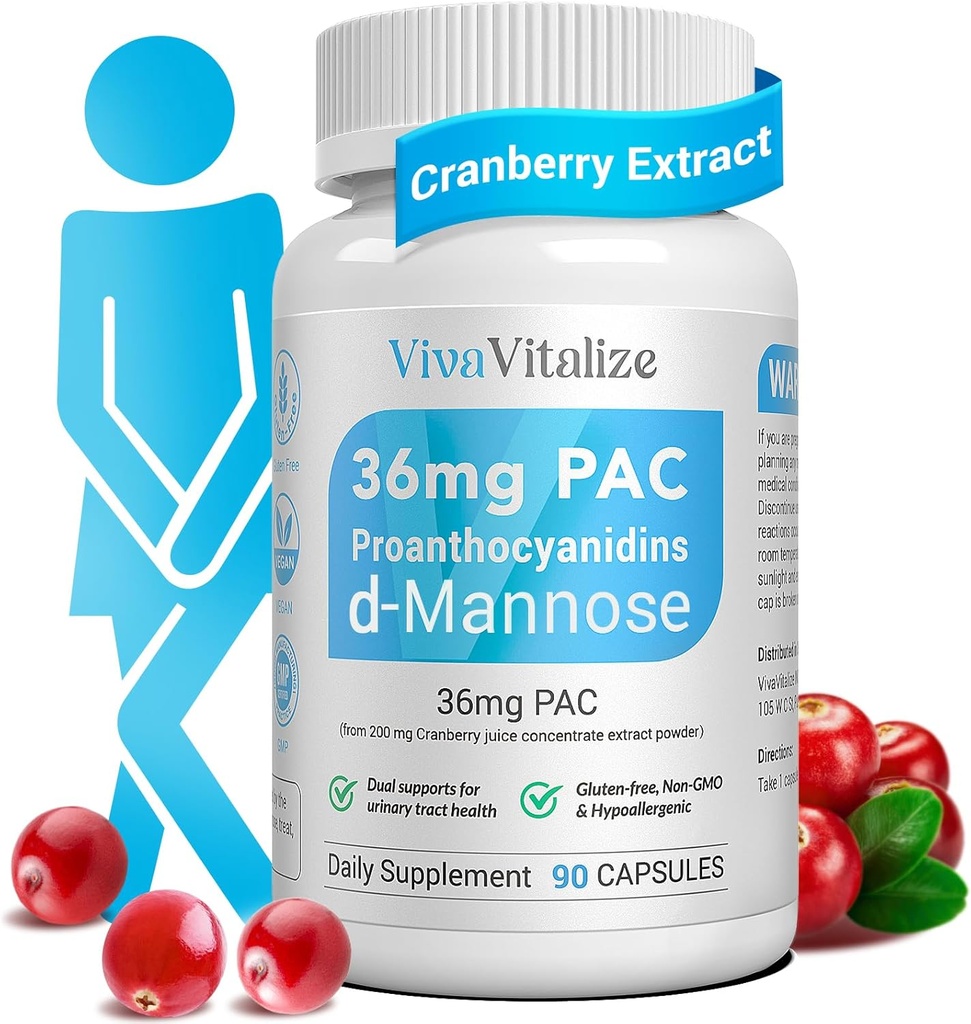 5 i 1 Cranberry supplement til kvinder, 36mg PAC 100% Opløselig D- mannose Dandelion Herb Mulberry Uva Ursi Leaf Natural Urinary Tract Health Support, Cranberry Pills UTIs Prevention 90 Caps