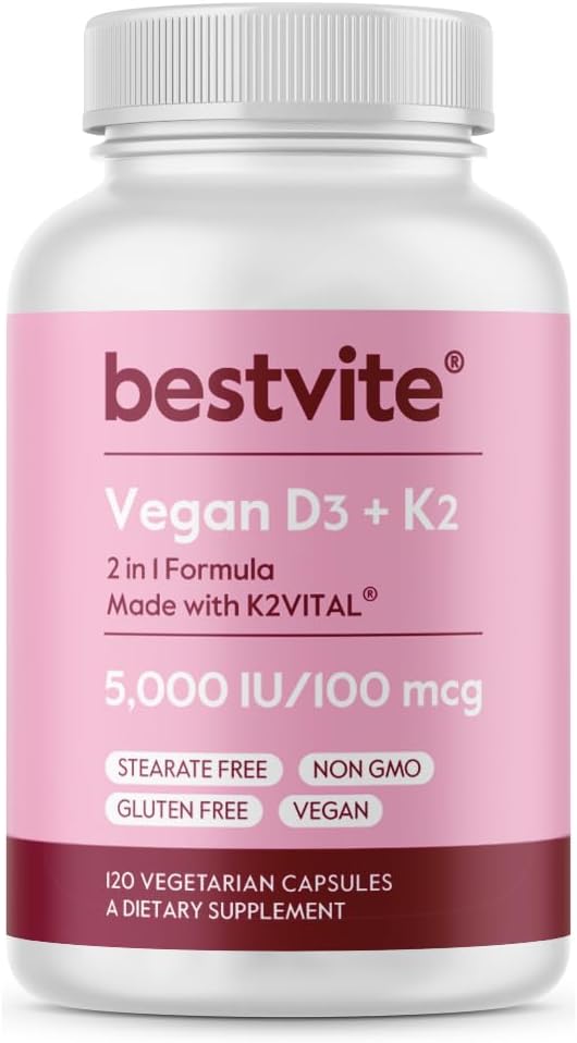 BESTVITE Vegansk Vitamin D3 5000 IE + Vitamin K2 100 mcg som MK- 7 (120 Vegetariske kapsler) - Ingen Stearates - Vegan - Ikke GMO - Gluten Free